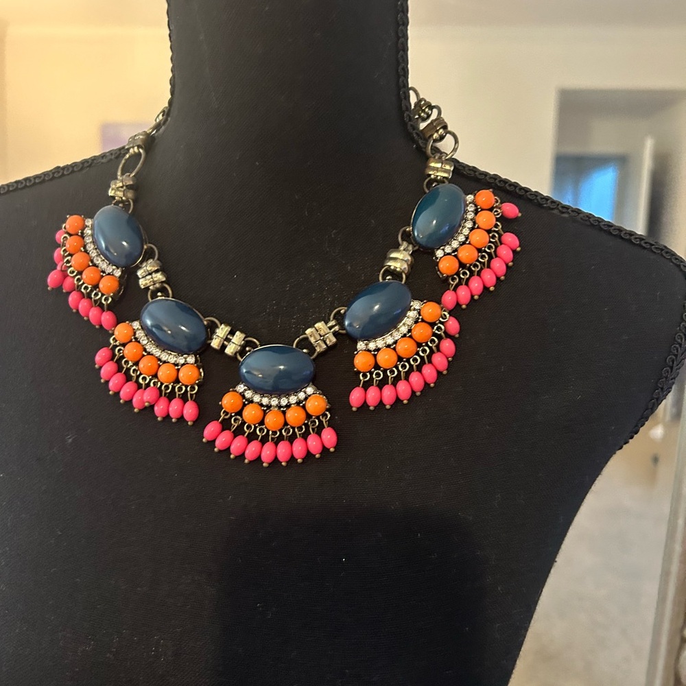 Blue and Orange Layered Statement Necklace with Fringe
